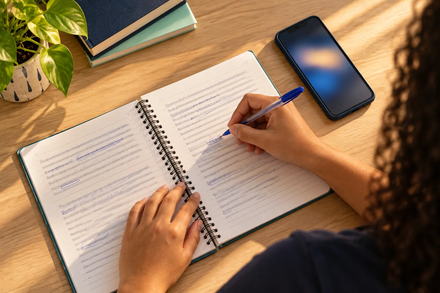 Estudante revisa sua redação à mão com o celular ao lado